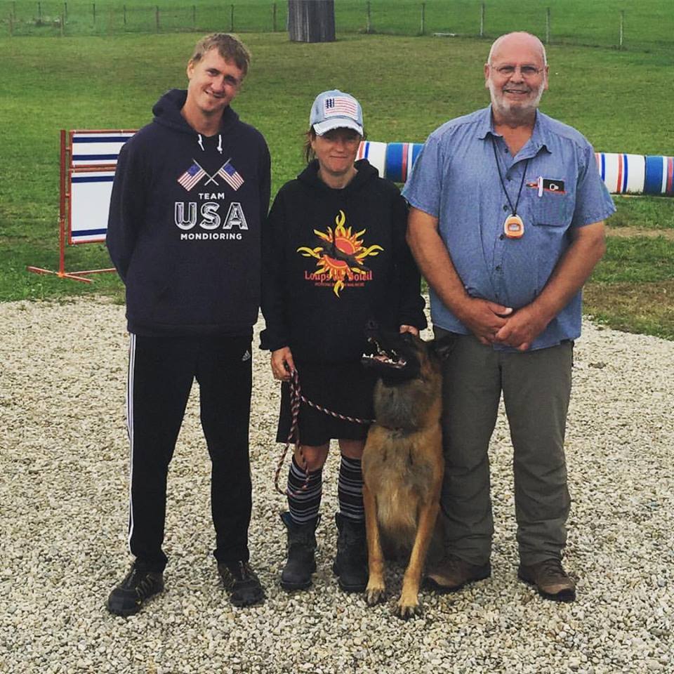  Habbit du Loups du Soleil - MR 3 with Todd Dunlap his trainer and Jos Helsen from Belgium - the judge ... Ironically Jos also judged Habbit back in July 2914 in Humboldt Co., CA and awarded him his first leg of his MR1!